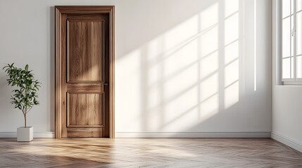 Obraz premium An elegant brown wooden door set against pure white walls in a minimalist interior with hardwood flooring, highlighted by soft ambient lighting and architectural details.