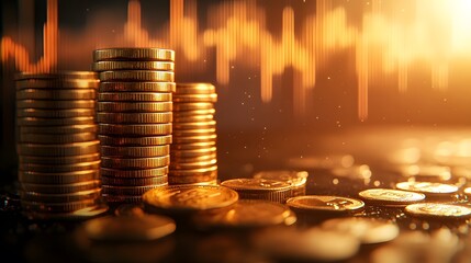 Stacks of golden coins against a blurred dividend stock graph, showcasing wealth growth visualization in warm golden lighting with macro photography emphasizing crisp detail.