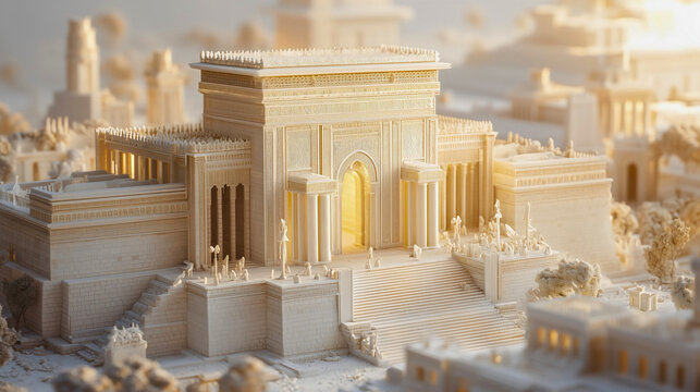 A small sketch of Solomon's Temple made of white marble, showcasing the entire temple with a large structure in the center, represents a biblical event.