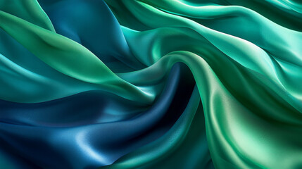 Obraz premium Abstract waves of silk in gradient shades of emerald green and sapphire blue, with soft shadows and highlights forming dynamic folds.