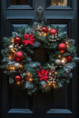 Festive Lighted Christmas Wreath A Beautifully Adorned Holiday Decoration with Glowing Lights to Brighten Up Your Entryway and Spread Cheer This Christmas Season