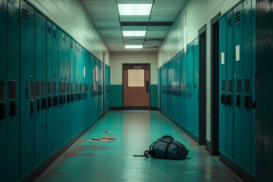 A deserted school hallway with teal lockers creates a sense of nostalgia. A backpack lies abandoned, symbolizing lost moments. Explore this tranquil yet eerie style. Generative AI
