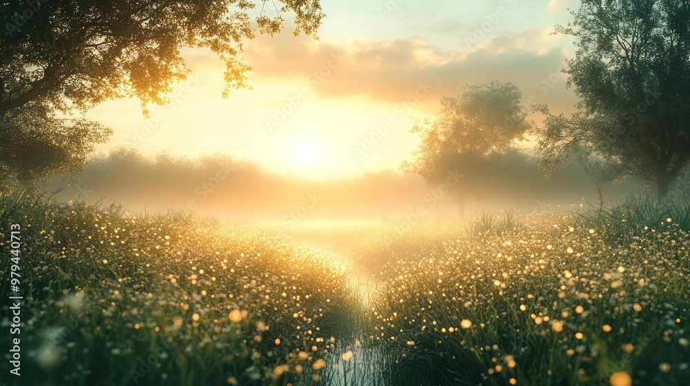 Poster a field of grass with a sun shining through the trees