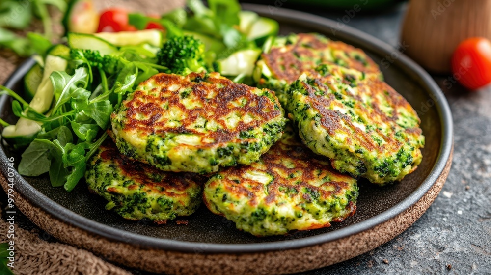 Wall mural Healthy vegan broccoli and zucchini fritters served on a rustic plate with a side of fresh salad. The vibrant green vegetables add color and nutrition to this plant-based meal