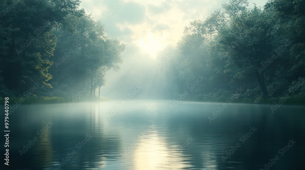 Poster A forest with a river running through it