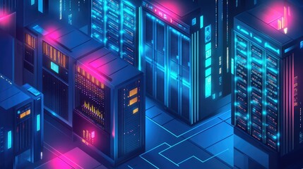 Obraz premium A glowing server room in an isometric design, featuring datacenters and big data processing technology.