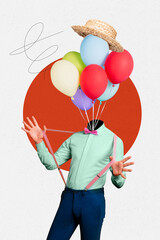 Vertical photo collage of anonym invisible man instead head emptiness helium air balloon birthday...