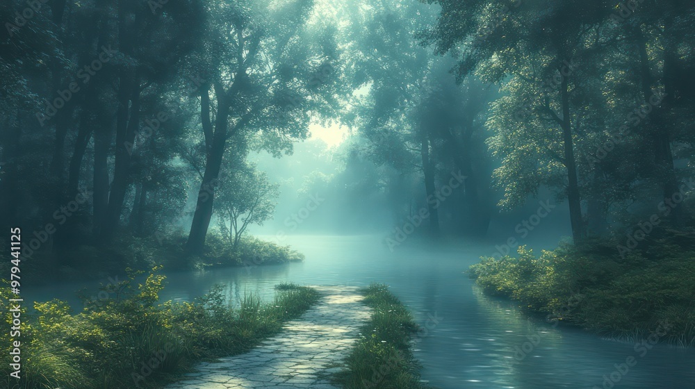Poster A forest path with a river running through it