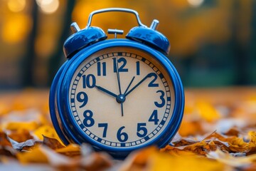 A vintage blue alarm clock set against a backdrop of golden autumn leaves, evoking the passage of time in the fall season.