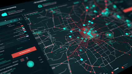 Futuristic digital interface with real-time crime prediction data, map highlighting high-risk areas and crime trends, clean dark background emphasizing advanced technology.