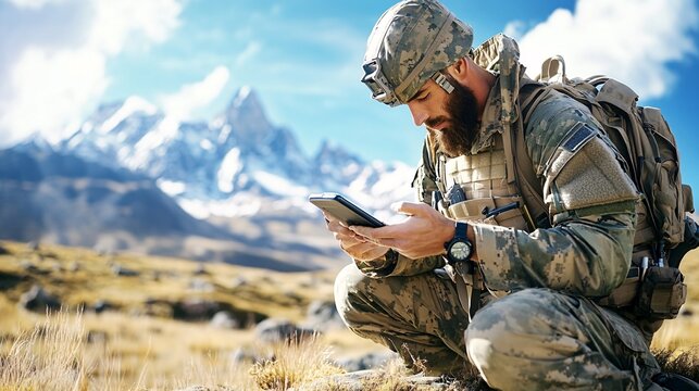 Soldier using a smartphone in the mountains. - Powered by Adobe