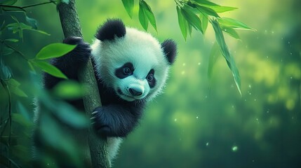Obraz premium High above the forest floor, a panda cub clutches a sturdy branch, surrounded by vivid green leaves. Its head tilts downward, observing the forest floor with curiosity