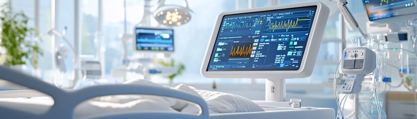 Hospital Room with Medical Equipment and Patient Bed.