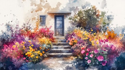 Fototapeta premium A vibrant garden blooms in watercolor style, showcasing a charming house surrounded by colorful flowers and a serene walkway.