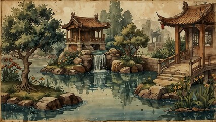 Fototapeta premium Small Japanese Garden with Pond and Old Houses in Traditional Style