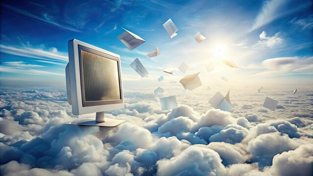 Whimsical surrealistic scene depicting a giant computer monitor floating amidst clouds, surrounded by fluttering quiz sheets, and set against a soft dreamy blue-white gradient.