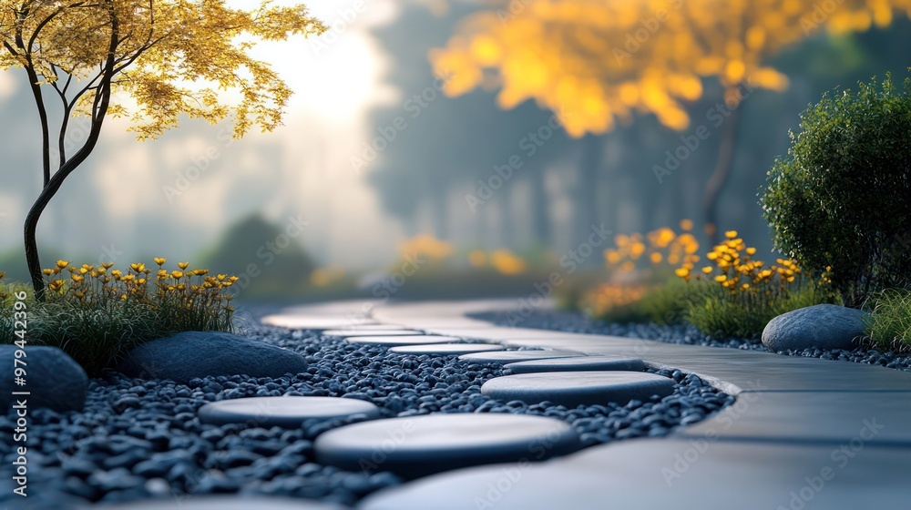 Poster A path with a tree in the background and a stone walkway