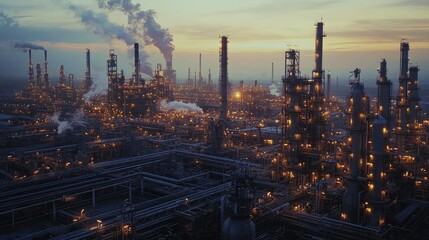 Obraz premium High-angle view of a sprawling oil refinery at dawn, with gasoline supply tanks, distillation towers, and chemical factories, pipelines stretching out