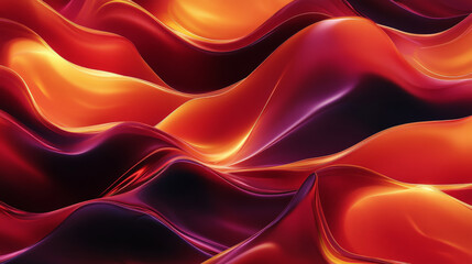 Obraz premium Bold, fluid 3D waves in a fiery red and orange gradient, creating an energetic and vibrant abstract pattern with intricate light reflections across a dark backdrop.