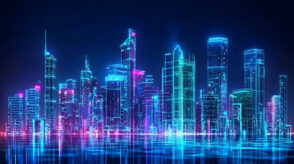 Obraz premium Neon-powered City Skyline Showcasing Urban Energy Transformation