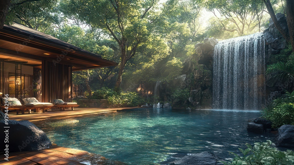 Poster The pool is surrounded by trees and rocks, creating a serene