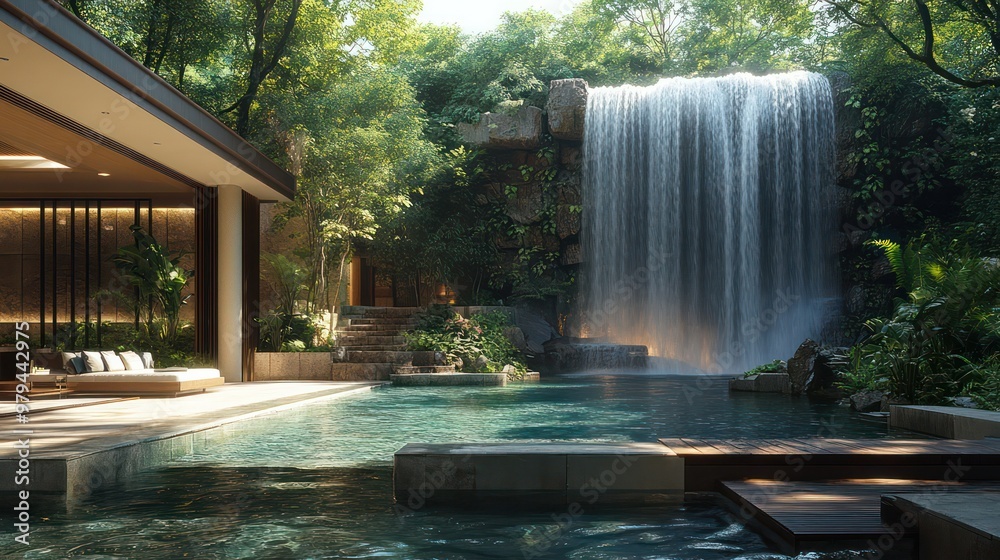 Aufkleber a large waterfall is in front of a house with a pool