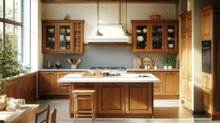 High-end kitchen with built-in wooden cabinets, a white top island, and a gray stone splashback. The sunlight creates a cozy and inviting atmosphere.