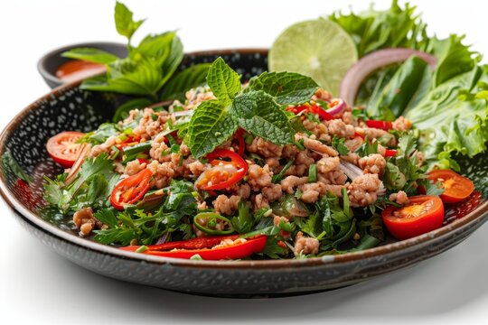 spicy Thai larb salad with ground pork and herbs