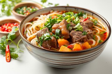 spicy Thai noodle soup with beef and vegetables