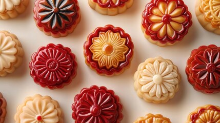 An assortment of colorful, decorative cookies arranged aesthetically on a white background, ideal for culinary displays.