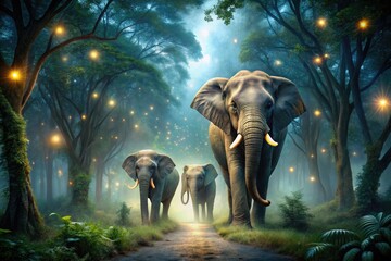 Fototapeta premium mysterious moonlit elephants with glowing ears leading the way through enchanted forests with twinkling starlight and misty atmosphere
