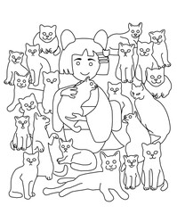 Vector illustration of coloring page. Cat day in Japan, kokeshi girl and 22 cats, February 22.