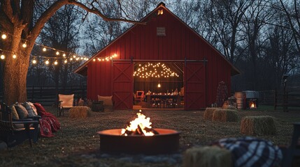 Red barn decorated with string lights for an outdoor evening event