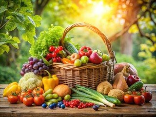 Fresh fruit and vegetables overflowing from a woven basket on a rustic wooden table, surrounded by lush greenery and soft dappled light, conveying abundance and wellness.