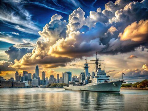 dramatic high-dynamic-range landscape of massive battleship sailing into harbor with towering city skyline and puffy white clouds