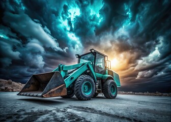monumental skid-steer loader against stormy dark skies ominous atmosphere imposing industrial might dramatic low-angle shot moody cyan tone