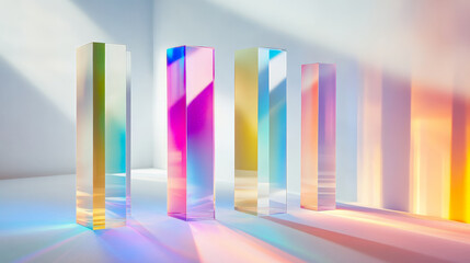 Fototapeta premium Bright light passes through transparent prisms, creating soft yet vibrant rainbow gradients that gently blend into a clean, smooth white backdrop.