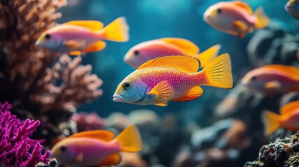 Fototapeta premium A group of brightly colored fish swimming in a coral reef