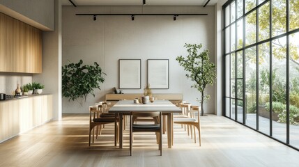 Wide view of a minimalist dining area with a simple table, modern chairs, and a focus on natural light and uncluttered space
