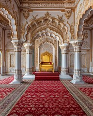 Majestic Indian Palace Throne Room Featuring a Golden Throne Opulent Red Carpets and Intricate Wall Carvings Celebrating Royal Heritage and Cultural Splendor