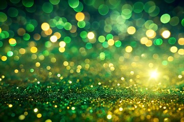 Abstract Green and Gold Glitter Background with Bokeh Lights