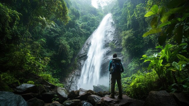 Hiker's Paradise: A hiker with a backpack standing in awe before a majestic waterfall in the lush rainforest of Phu Soi Dao National Park, Thailand.