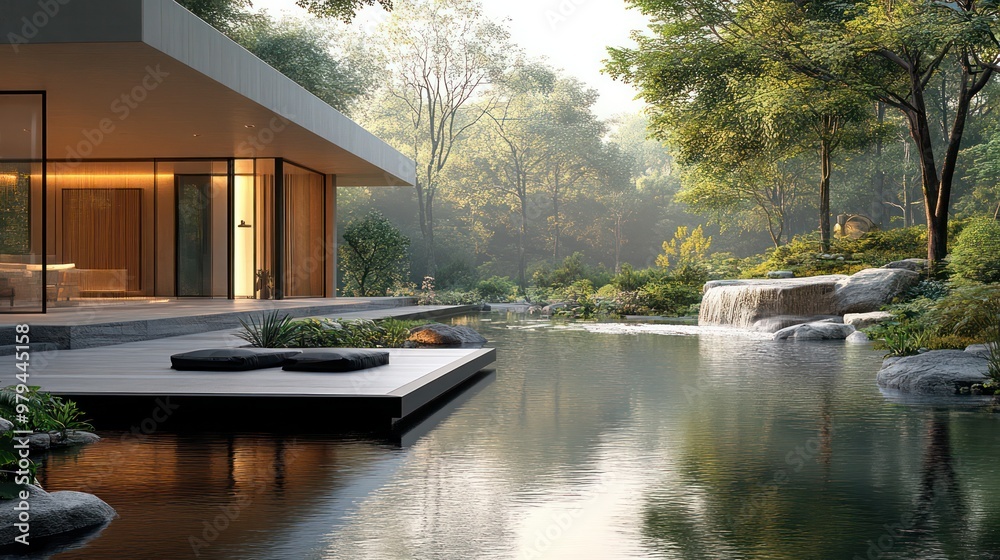 Poster a house with a large pool and a waterfall in the background