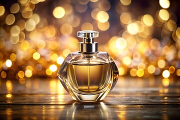 Elegantly designed perfume bottle displayed against a soft blur, showcasing an exquisite perfume mockup for advertising purposes.