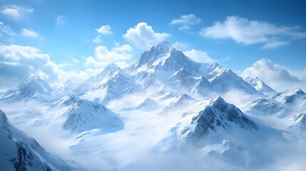 Obraz premium A majestic snow-capped mountain range under a clear blue sky, capturing the serene atmosphere of untouched wilderness in a panoramic winter landscape with rugged peaks.