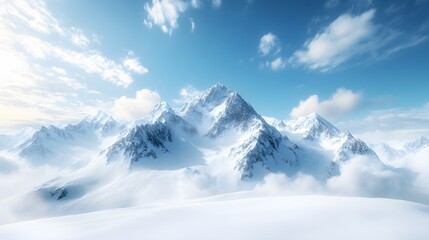 Fototapeta premium A majestic snow-capped mountain range under a clear blue sky, capturing the serene atmosphere of untouched wilderness in a panoramic winter landscape with rugged peaks.