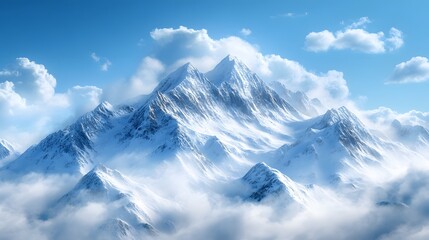 Obraz premium A majestic snow-capped mountain range under a clear blue sky, capturing the serene atmosphere of untouched wilderness in a panoramic winter landscape with rugged peaks.