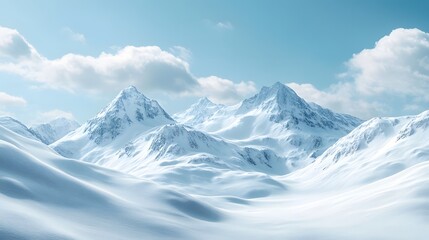 Fototapeta premium A majestic snow-capped mountain range under a clear blue sky, capturing the serene atmosphere of untouched wilderness in a panoramic winter landscape with rugged peaks.