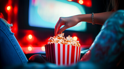 person reaching for popcorn while watching movie in a cinema