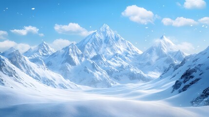Obraz premium A majestic snow-capped mountain range under a clear blue sky, capturing the serene atmosphere of untouched wilderness in a panoramic winter landscape with rugged peaks.